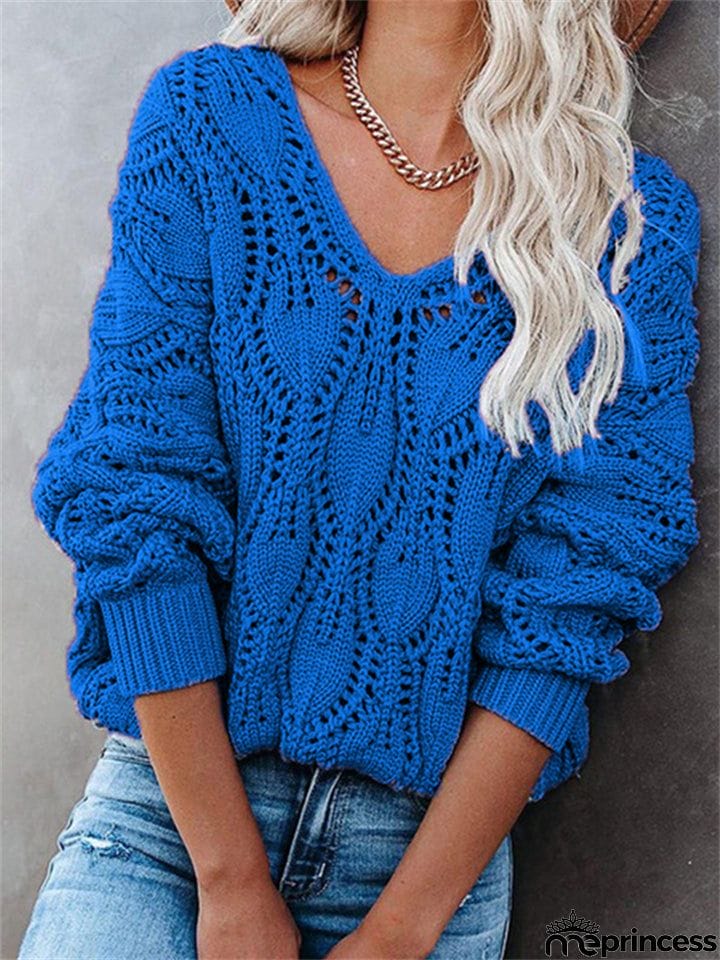 Fashion Hollow Design Casual Solid Color V-Neck Knitted Pullover Sweater