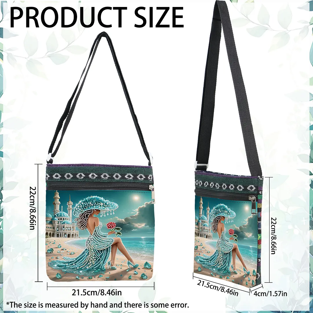 Beach Lady DIY Canvas Diamond Art Painting Crossbody Bag Ethnic Style Crystal Rhinestone Art Handbag with Adjustable Strap for Adults Beginners Shopping Gift