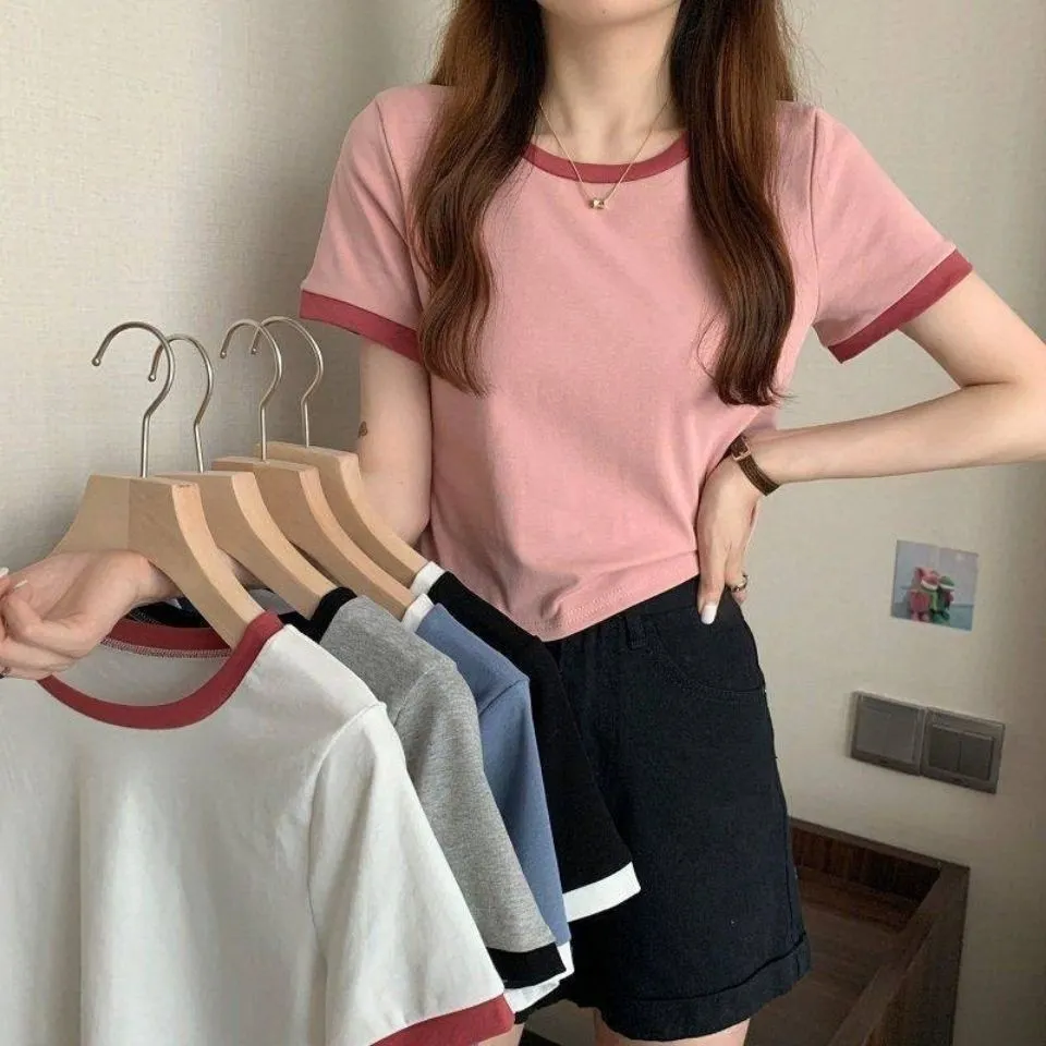 Uveng Uveng Color Round Collar Short-Sleeved T-Shirt Female 2024 New Summer Bottom Shirt Korean Version Slim Short Student Top Tide