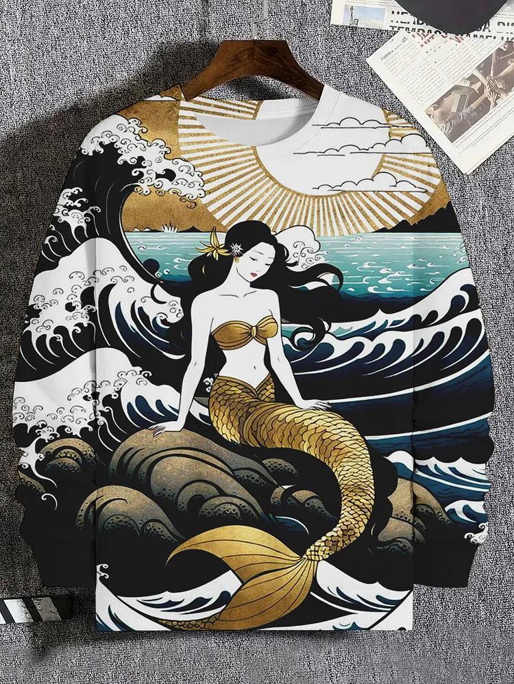 Men's Japanese Art Great Wave Mermaid Print Casual Sweatshirt