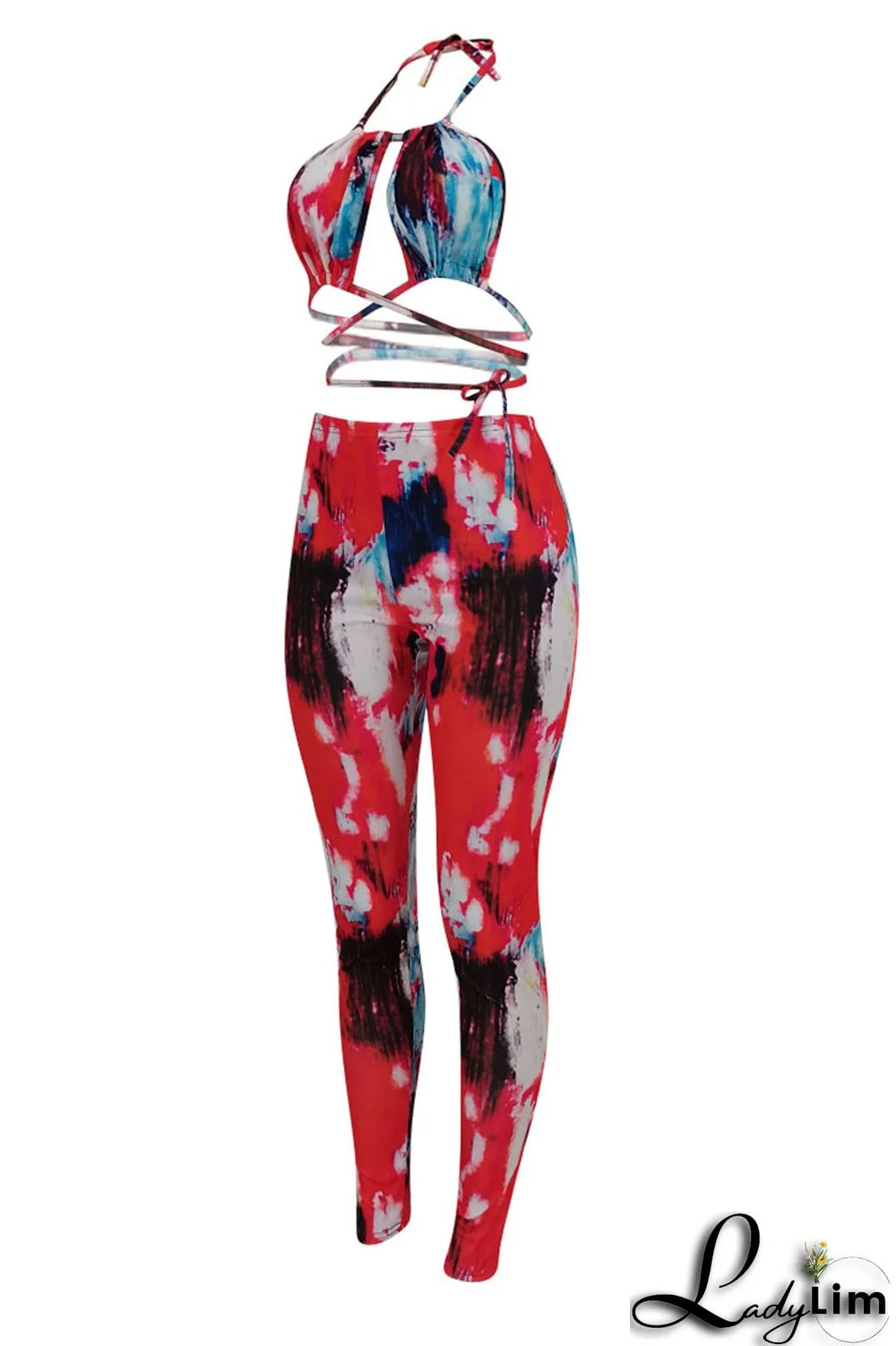 Red Sexy Print Split Joint Backless Halter Sleeveless Two Pieces