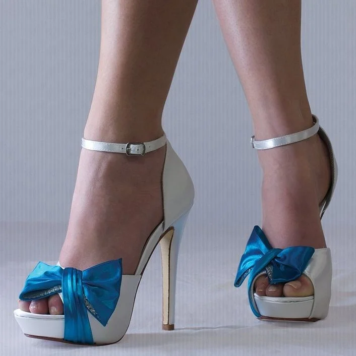 White Satin Peep Toe Stiletto Heel Platform Sandals with Blue Bow |FSJ Shoes
