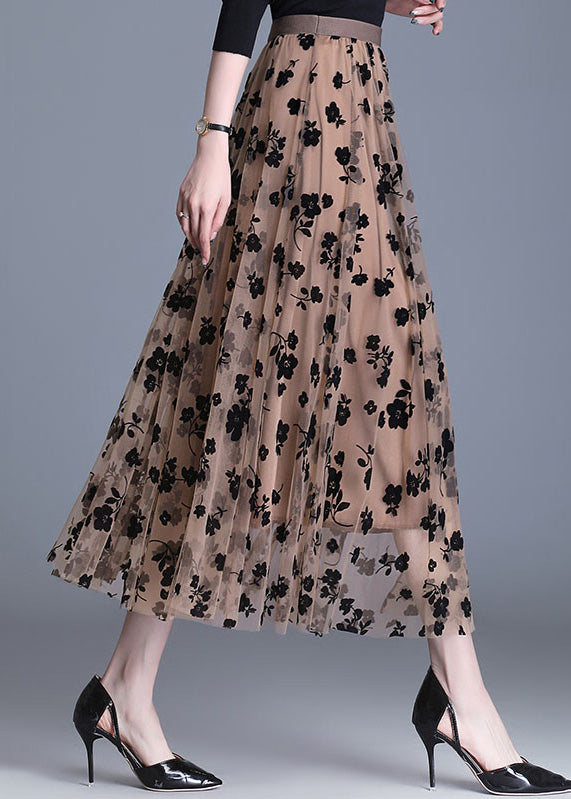 VCSHOES Chocolate High Waist Print Tulle A Line Skirts Spring