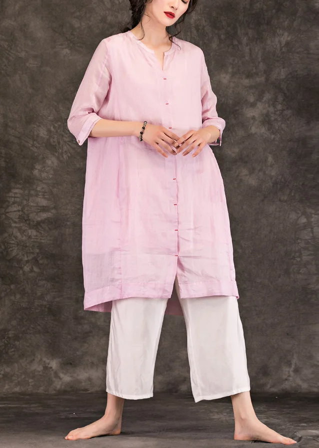 Organic pink linen Robes fine Sleeve o neck Half sleeve A Line Summer Dress