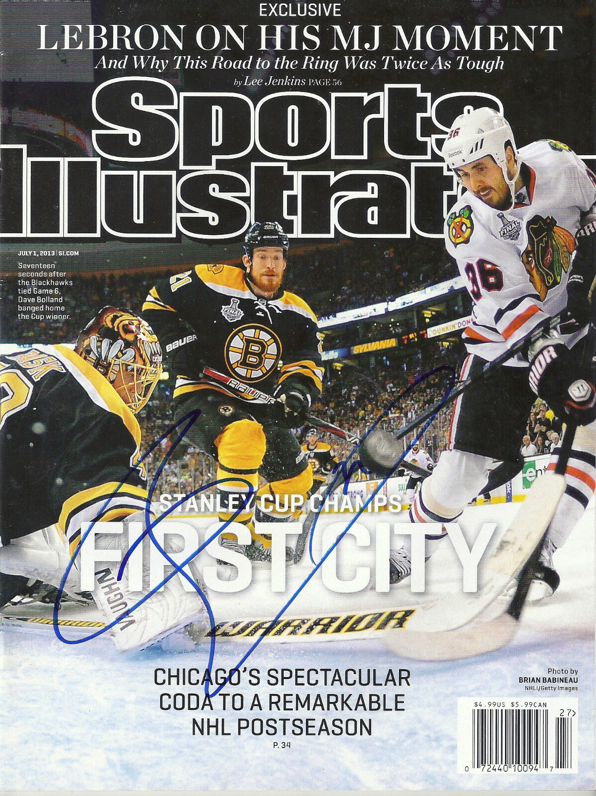 DAVE BOLLAND 'CHICAGO BLACKHAWKS' SIGNED SI MAGAZINE 2013 STANLEY CUP *COA 1