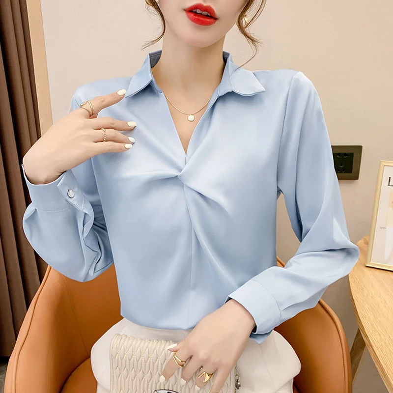 Jangj Summer New Fashion Elegant All-match V-neck Long-sleeved Chiffon Shirt Korean Style Solid Color Casual Blouse for Female