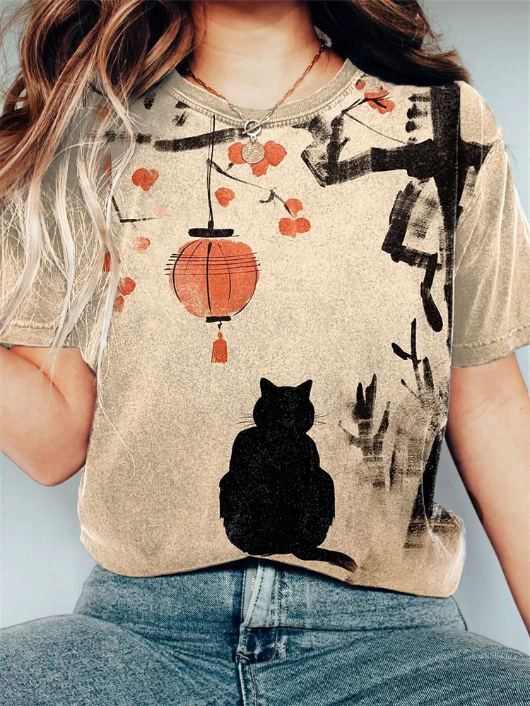 Comstylish Vintage Japanese Art Cat Print Casual Cozy T-shirt