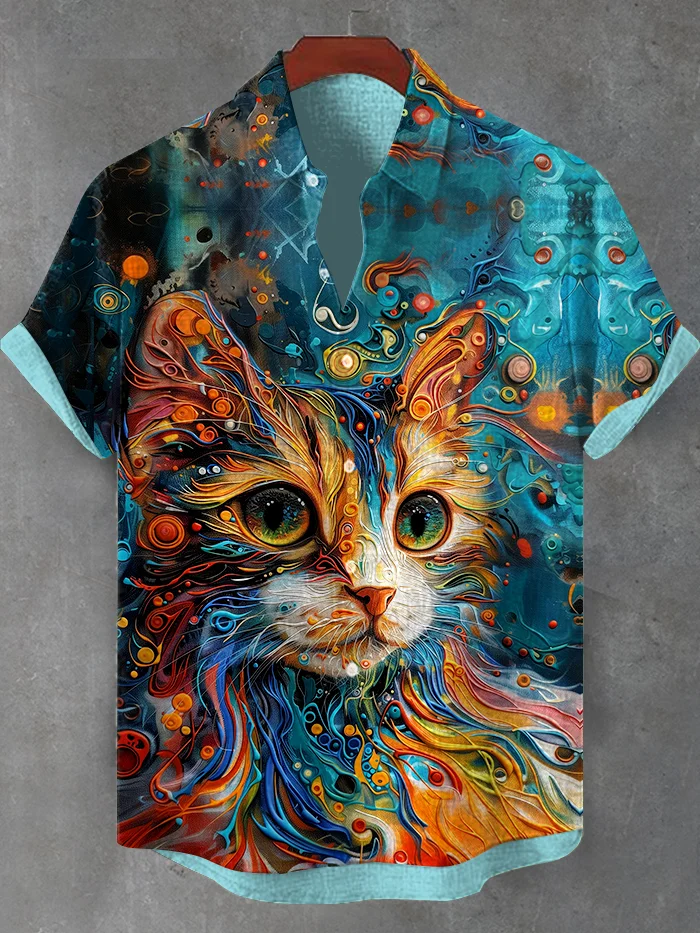 Men's Three-Dimensional Trippy Fluid Cat Oil Painting Print Casual Shirt