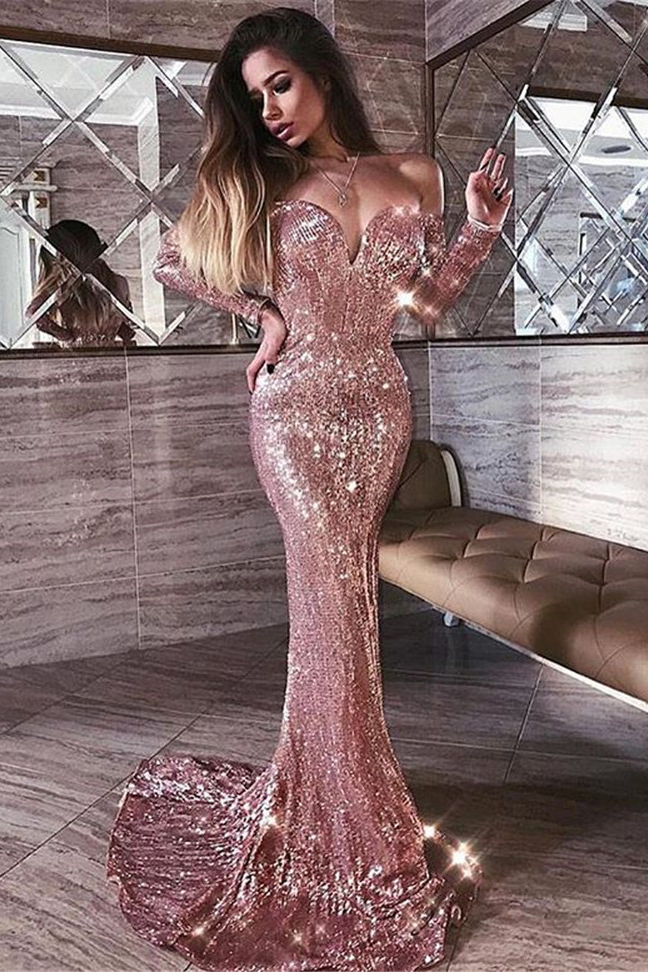 Off The Shoulder Sequins Prom Dress Mermaid Long Evening Gowns