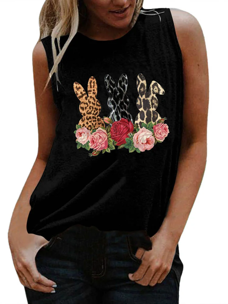 Leopard Bunny Rose Easter Tank Top Sleeveless T Shirt-elleschic