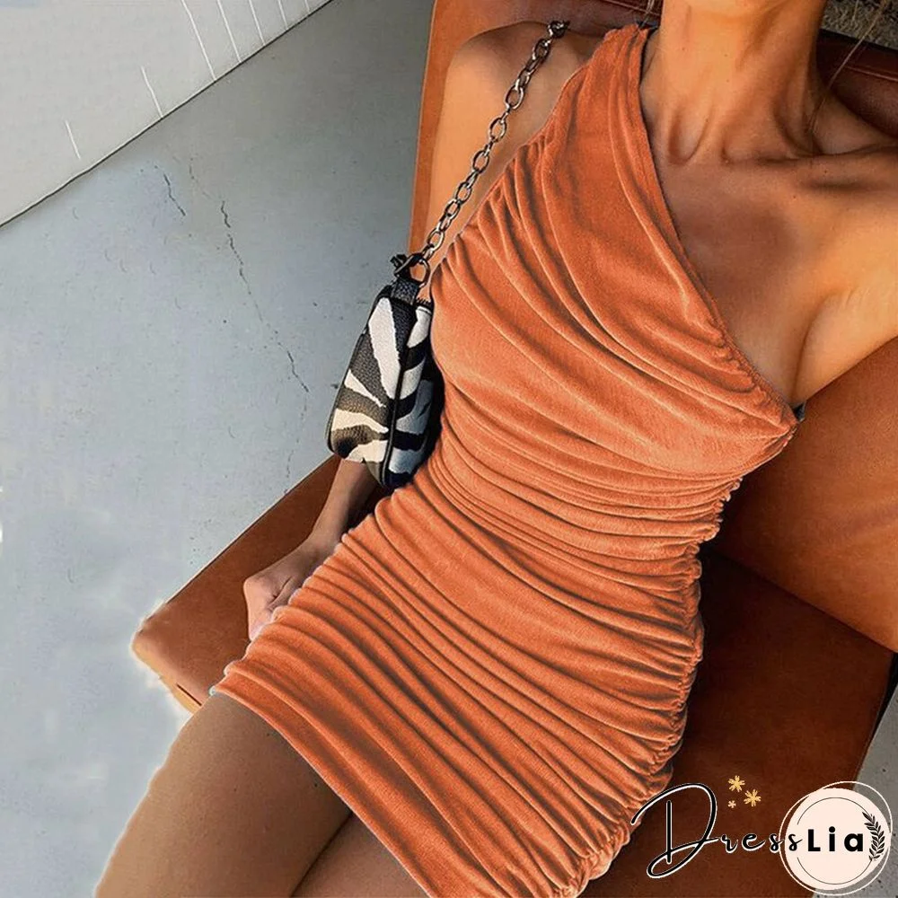 Sexy One Shoulder Mini Dress Summer Elegant Sleeveless Short Party Dress Women Ruched Bodycon Dress Blue Orange Red