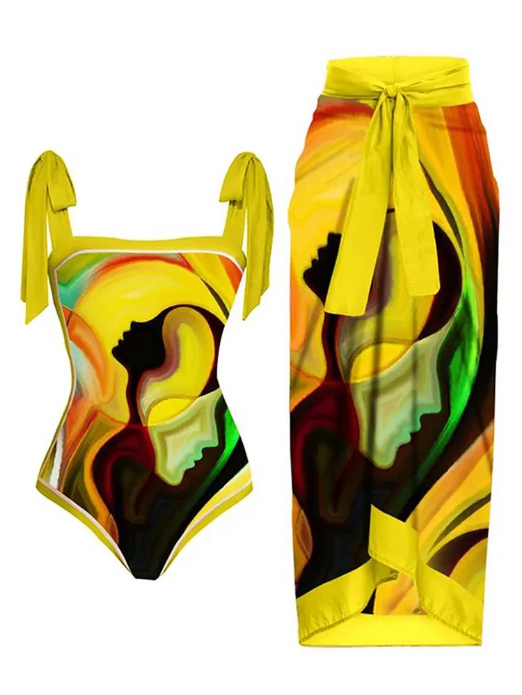 Vacation Vibrant Square Neck Abstract Painting Pattern One Piece Swimsuit & Cover Up 2Pcs Set