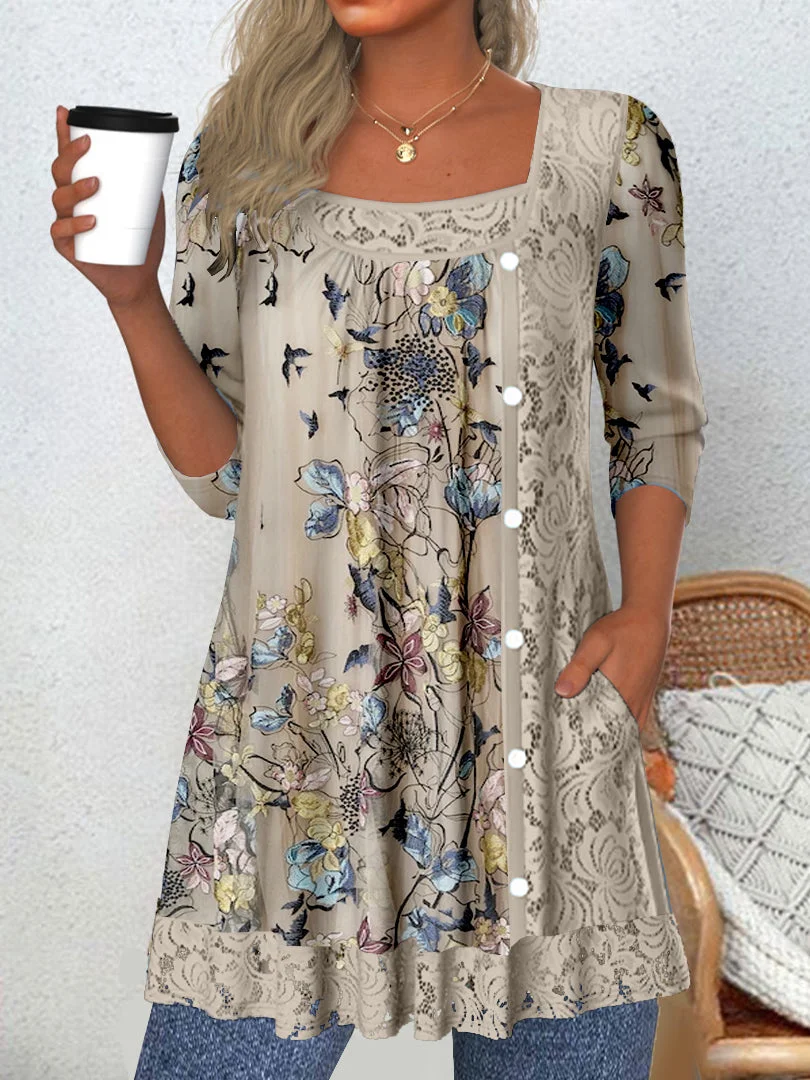 Women's Long Sleeve Scoop Neck Graphic Lace Tops