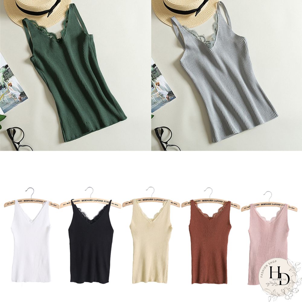 Sexy Women Plain Camisole Lace Splicing Double V Neck Vest Slim Sling Tank Tops