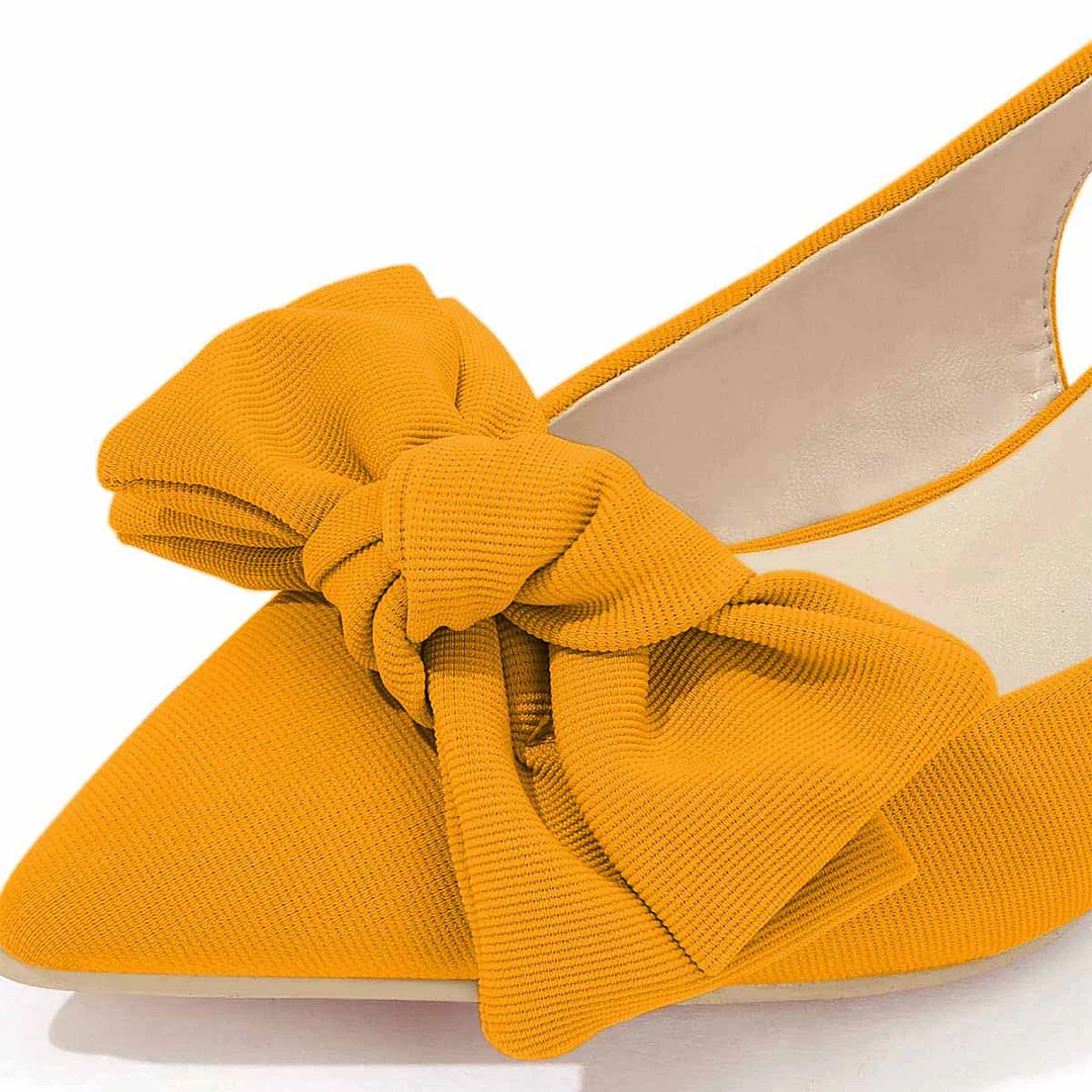 YDN Elegant Yellow Pointed Toe Kitten Heel Bow Slingback Pumps