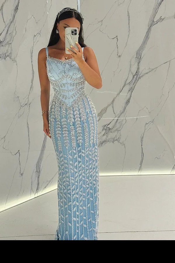 Lisliy Fashion Blue Luxurious Sequins Beaded Prom Dress 