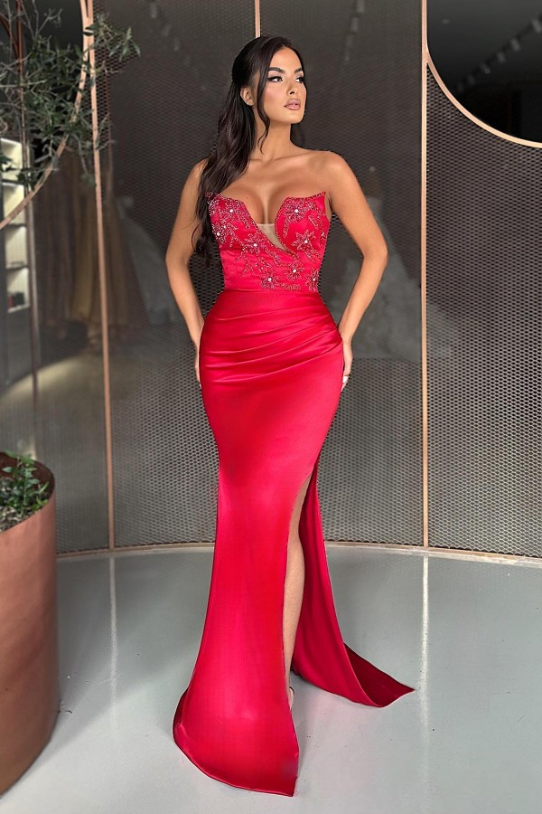 Bellasprom Red Sweetheart Mermaid Evening Gown Long Slit With Beadings Bellasprom