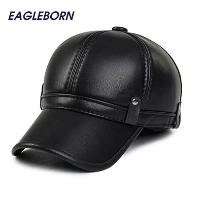 SimpleMens Winter Cap 2023 Warm Fleece Lining Keep Warm Earflap Leather Hats for Women Men Faux Leather Baseball Cap