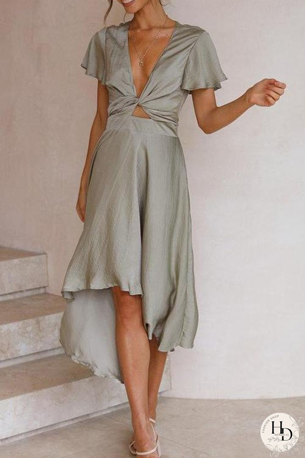 Irregularity Hem Knot Short Sleeve Dress