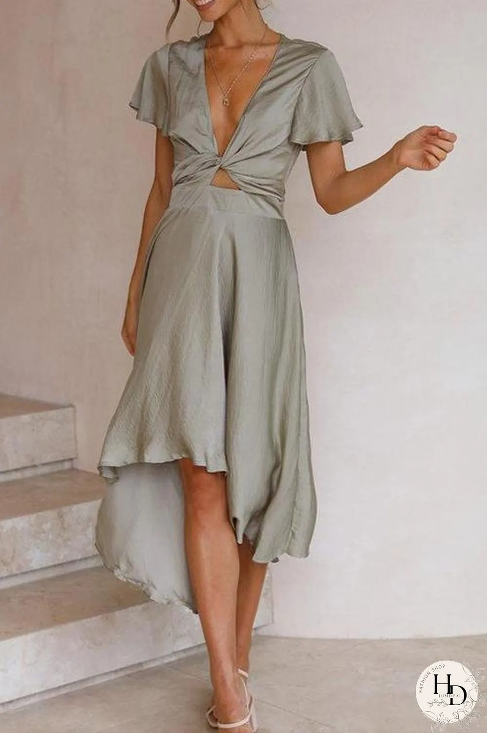 Irregularity Hem Knot Short Sleeve Dress
