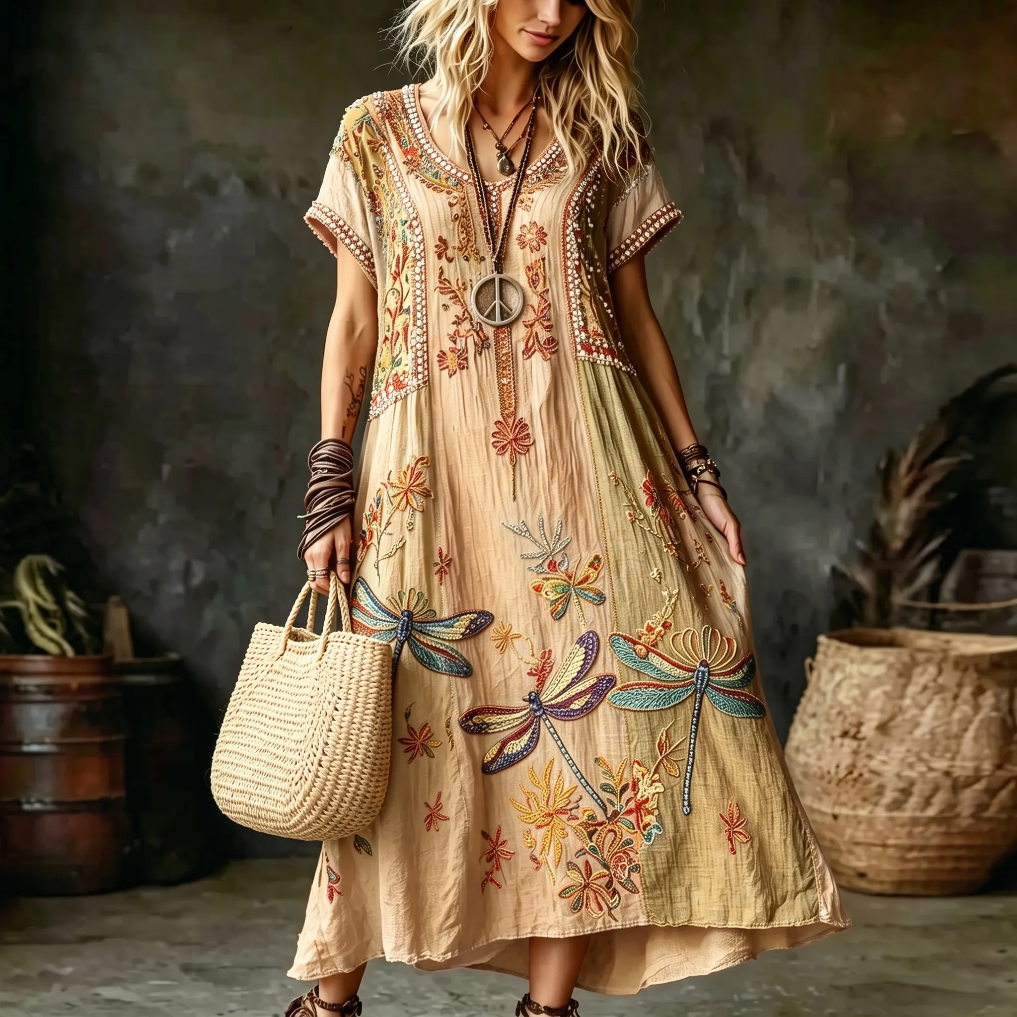 Women's Vintage Hippie Floral And Dragonfly In Patchwork Pattern Art Embroidered Linen Blend Maxi Dress elevenforest