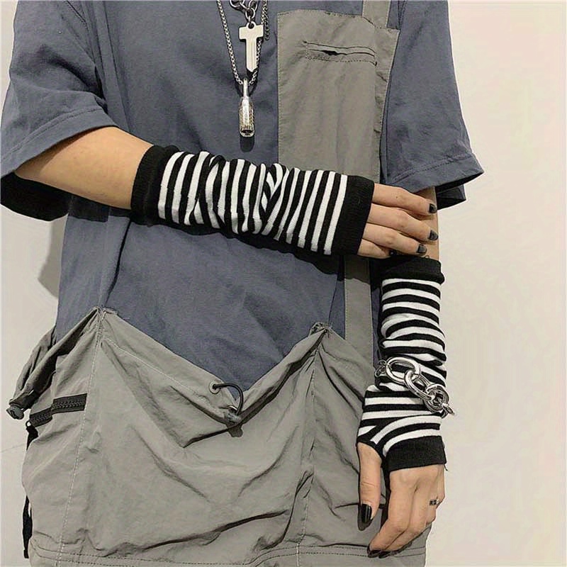 Mid-length Knitted Gloves Y2K Striped Warm Fingerless Gloves Unisex Harajuku Decorative Gothic Gloves For Women Men