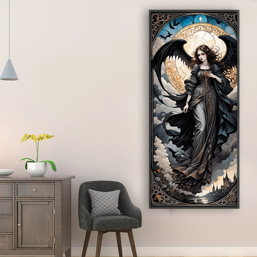 11CT Full Stamped Cross Stitch - Black Dress Girl Wing(Canvas|40*90CM)