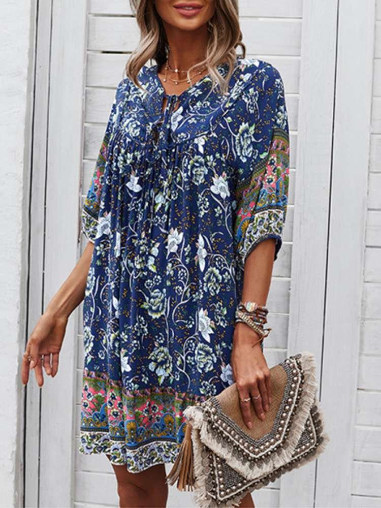 Celmia 2022 Summer Floral Printed Bohemian Dress Vintage Women Half Sleeve Casual Lace Up Party Vestidos Women Mini Dress Robe