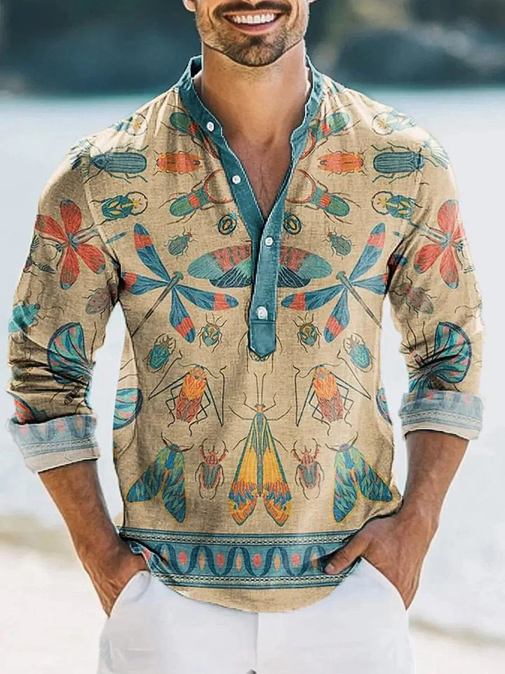 Men's Vintage Dragonfly Insect Stripe Art Print Long Sleeve Henley Shirt