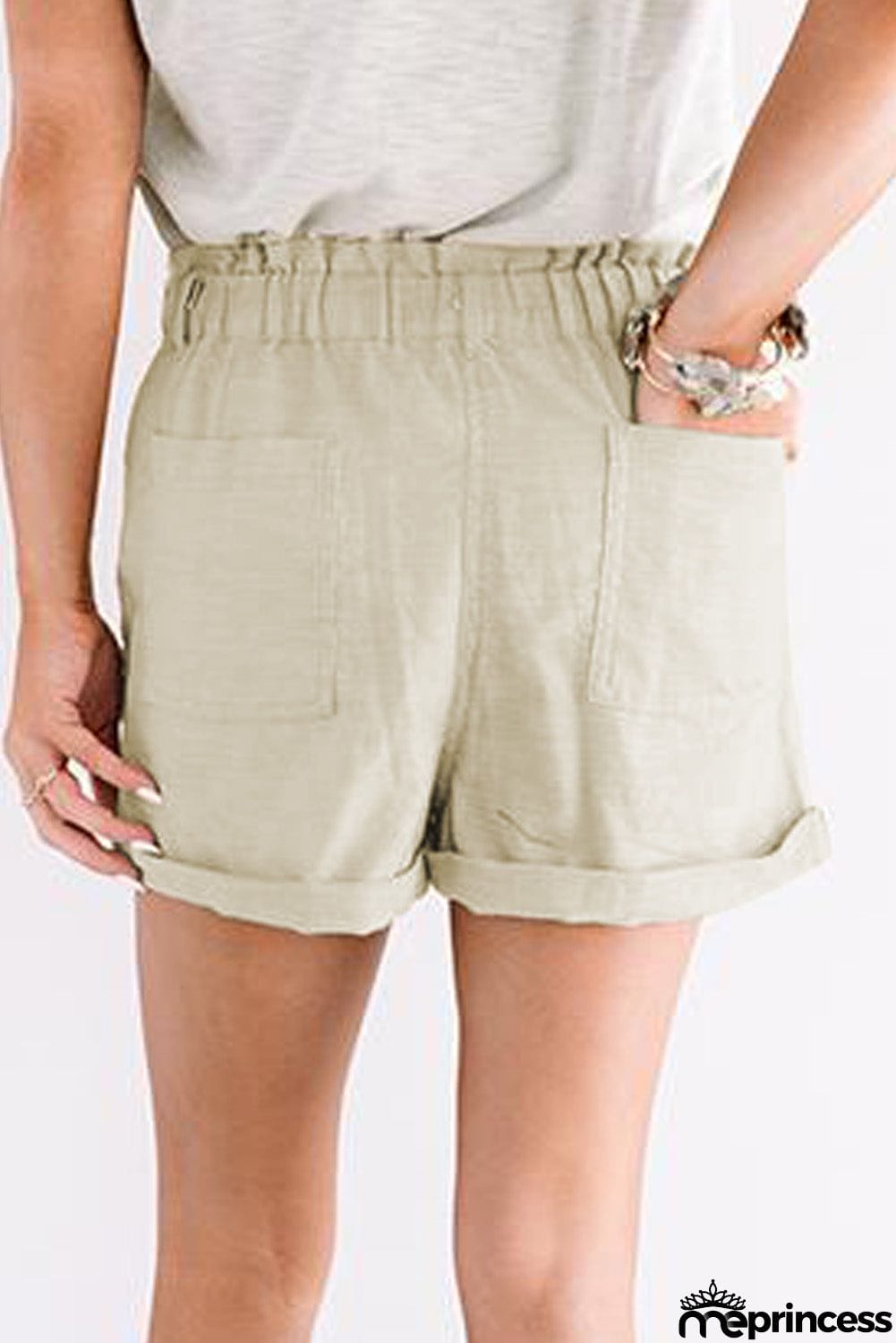 Khaki Cuffed High Waist Shorts