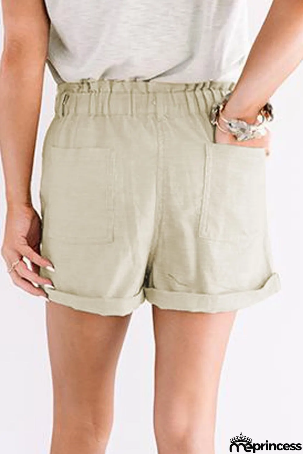 Khaki Cuffed High Waist Shorts
