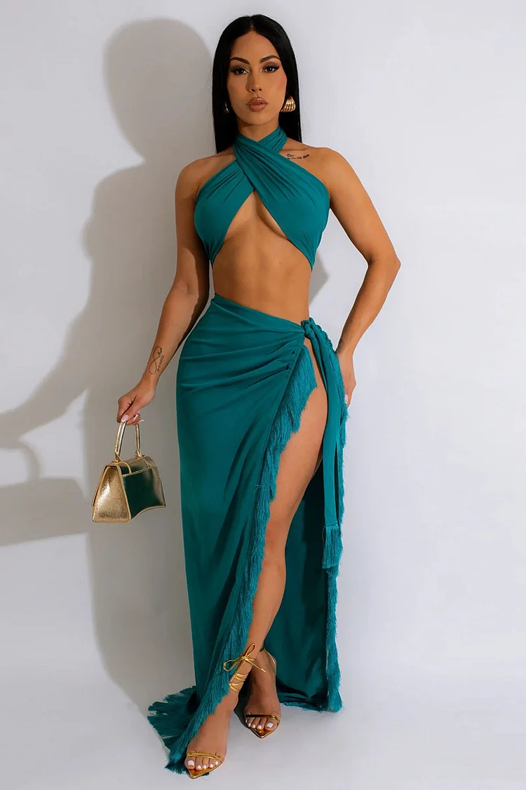 Halter Tie Up Backless Crop Top Fringed High Slit Vacation Maxi Skirt Matching Set