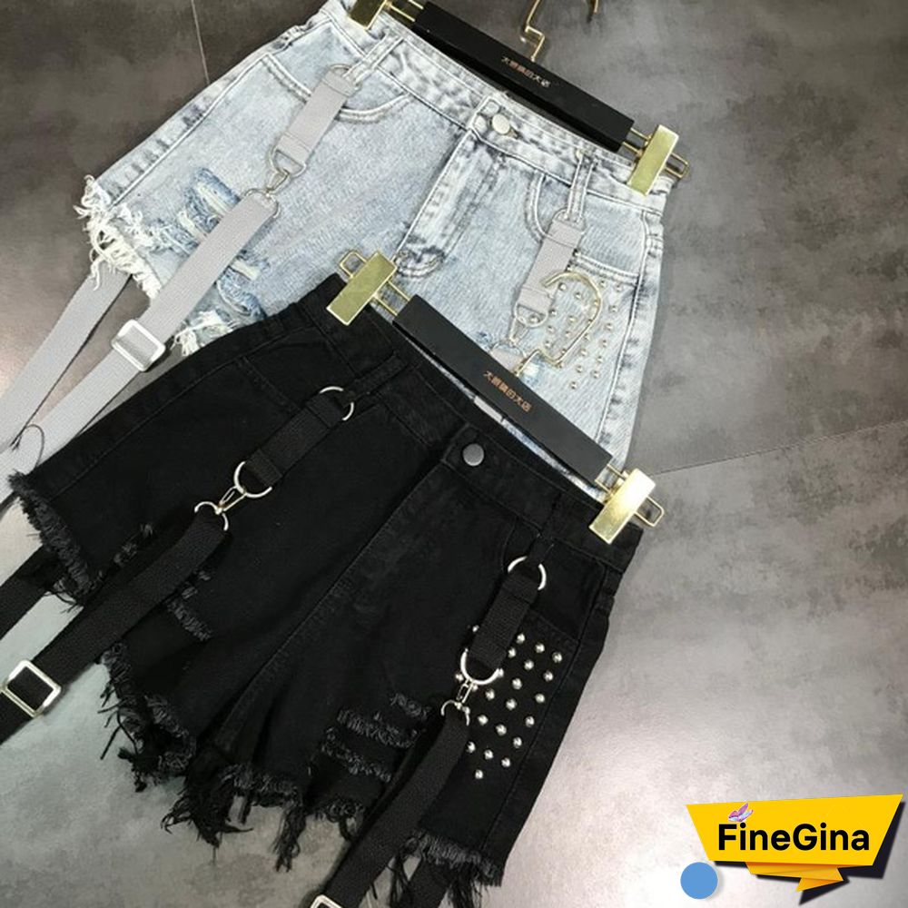 Women Denim Hot Pants Shorts Mini Jeans Rivet Removable Strap Tassels Gothic Punk Sexy