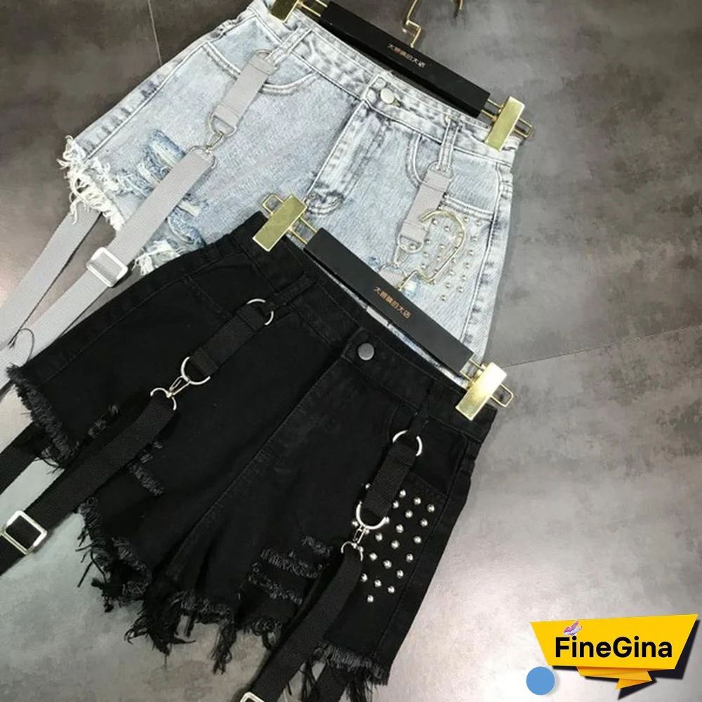 Women Denim Hot Pants Shorts Mini Jeans Rivet Removable Strap Tassels Gothic Punk Sexy
