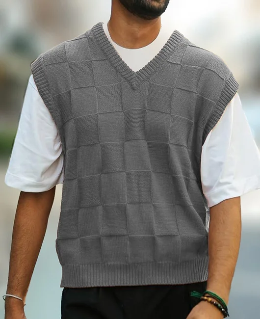 Casual V Neck Grid Sleeveless Knitted Sweater Vest Okaywear