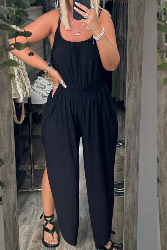 Suspender shirring trouser legs high slit daily casual jumpsuit