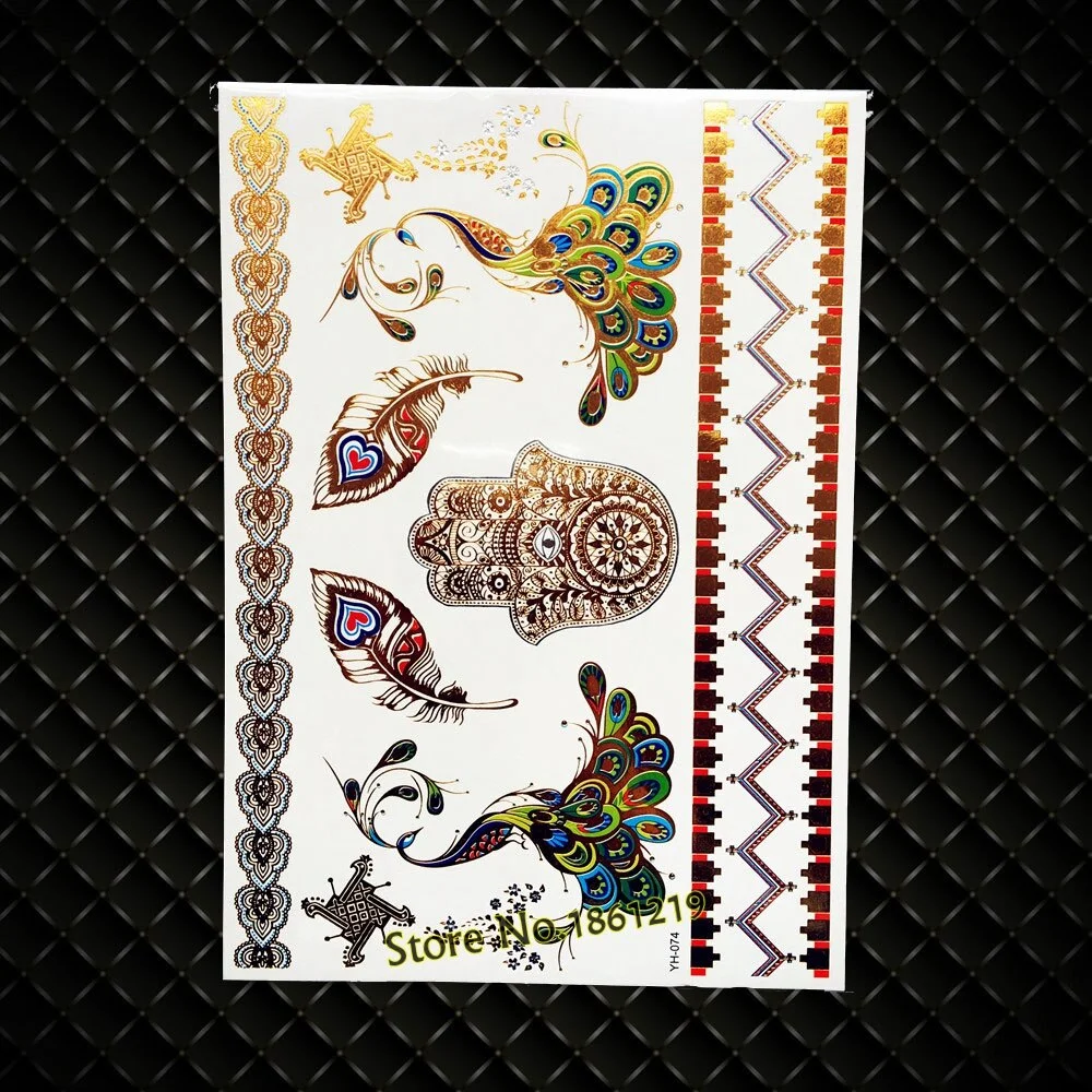 Sdrawing Shiny Metallic Tattoo Henna Gold Flower Body Art GCT166 Silver Lace Feather Tattoo Bracelet Flash Temporary Tattoo Stickers