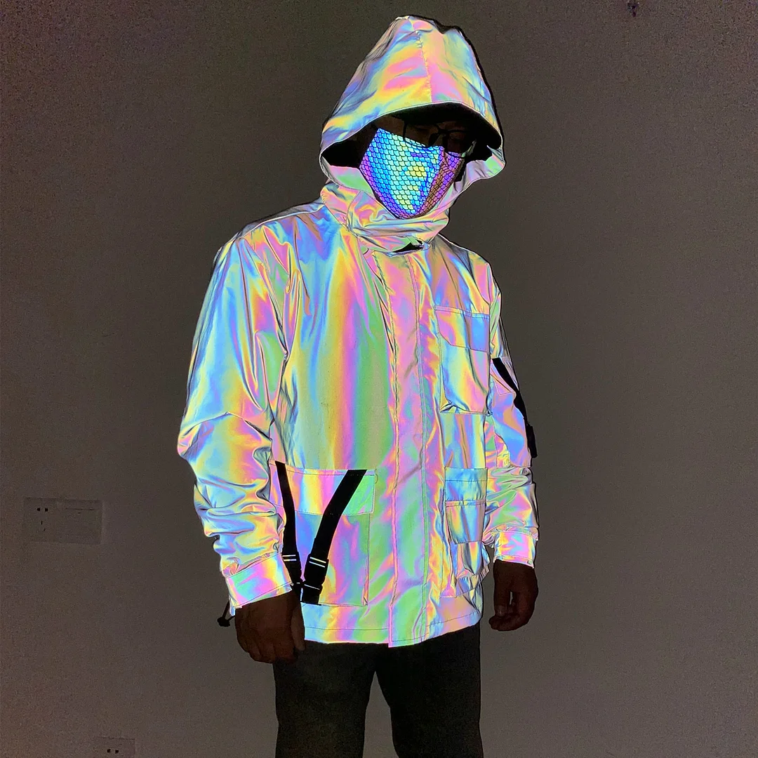Toloer 2024 Three-Dimensional Multi-Pocket Function Wind Dazzling Color Reflective Coat Male Tooling Casual Jacket Hooded Blazer-Outfit Ideas