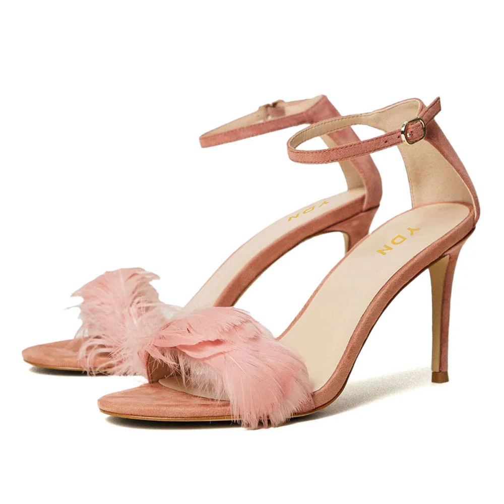 Pink Feathers Buckle Ankle Strap Stiletto Heel Dress Sandals for Women