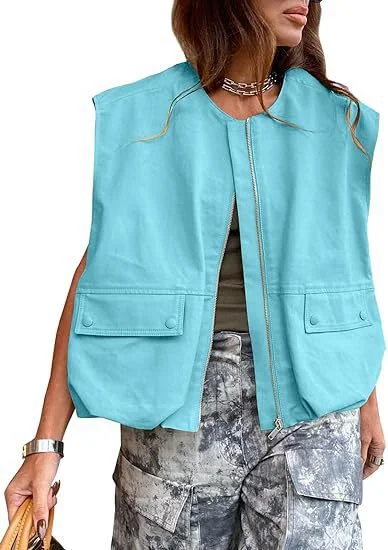 Nigikala Nigikala New Sleeveless Pocket Loose Vest Zipper Coat Woman