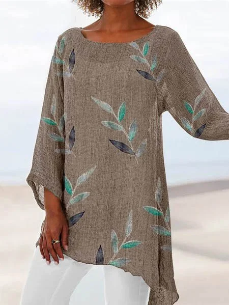 Leaf Printed Crew Neck Cotton Long Sleeve Shirts