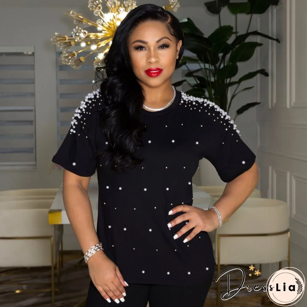 Plus Size Summer Round Neck Casual Short Sleeves Round Neck Bead Nail Decoration Women T-Shirt