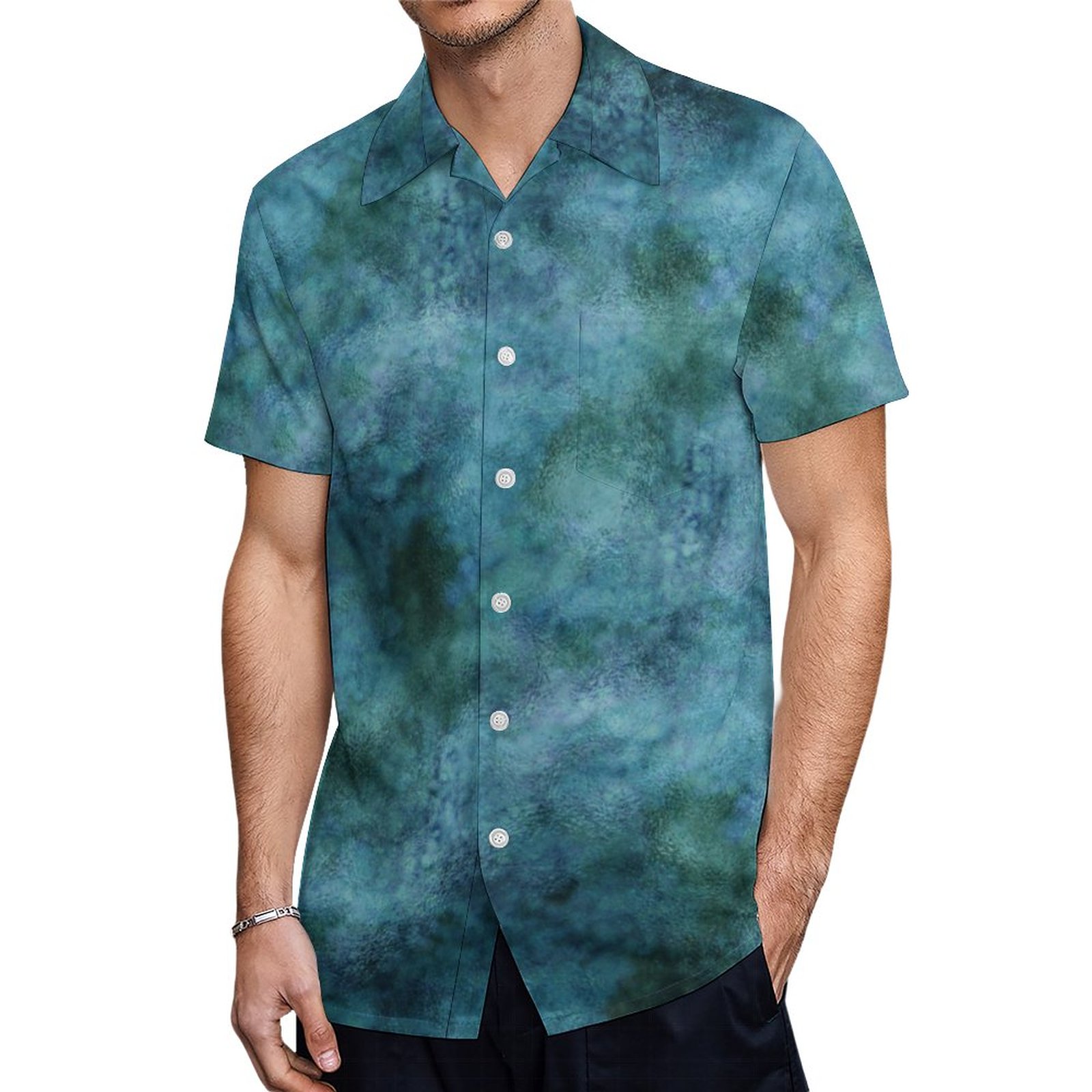 Green Teal Aqua Blue Earth Ocean Marble Abstract Hawaiian Shirt Mens Button Down Tropical Hawaii Beach Shirts