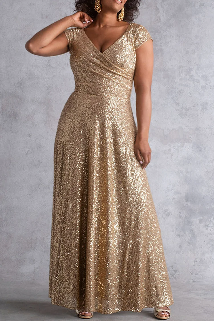 Plus Size Formal Dress Gold Sequin V Neck Maxi Dress