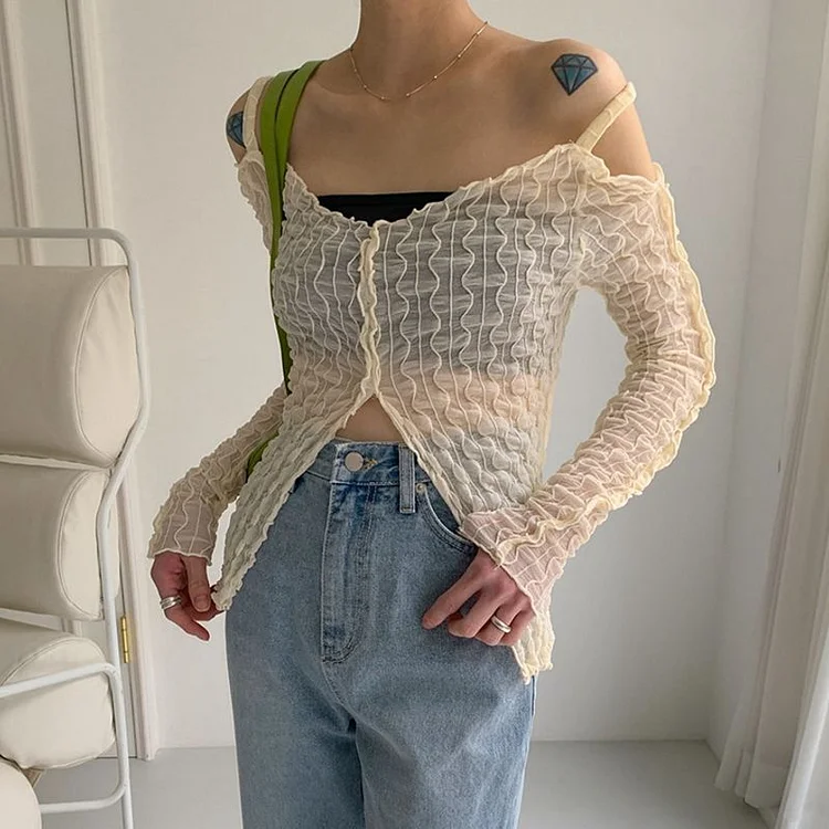 Y2K Fairycore Aesthetics Open Shoulder Zipper Slit Tops E-girl Fashion Sexy Wave Ruffles Long Sleeve T-shirt Transparent