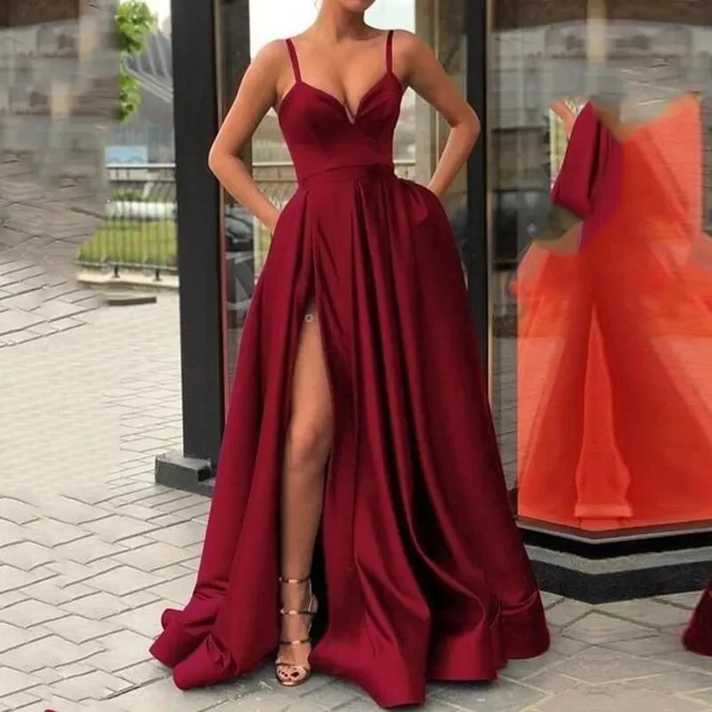 Churchf Women's Evening Wedding Party Dress Solid Elegant Side Slit A-Line Satin Sleeveless Straps Banquet Maxi Long Dress Vestidos-Outfit Ideas