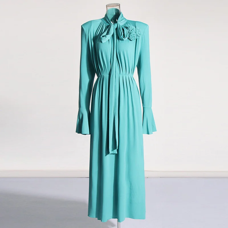 Zingj French Retro High-End Feel Waist Thin Dress 2025 New Three-Dimensional Flowers Decorated Long Dress Women's Summer