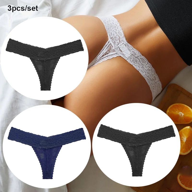 FINETOO 3PCS/Set Women Lace Sexy G-string Perspective Lingerie Temptation Panties Thong Underwear Panty Female Intimates M-XL