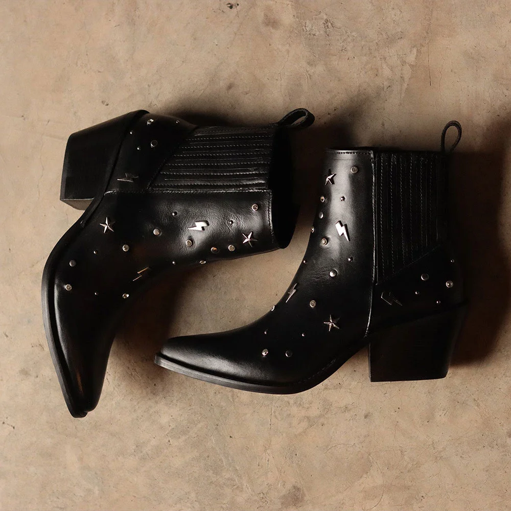 Studded Block Heel Snip Toe Black Western Ankle Boots for Women