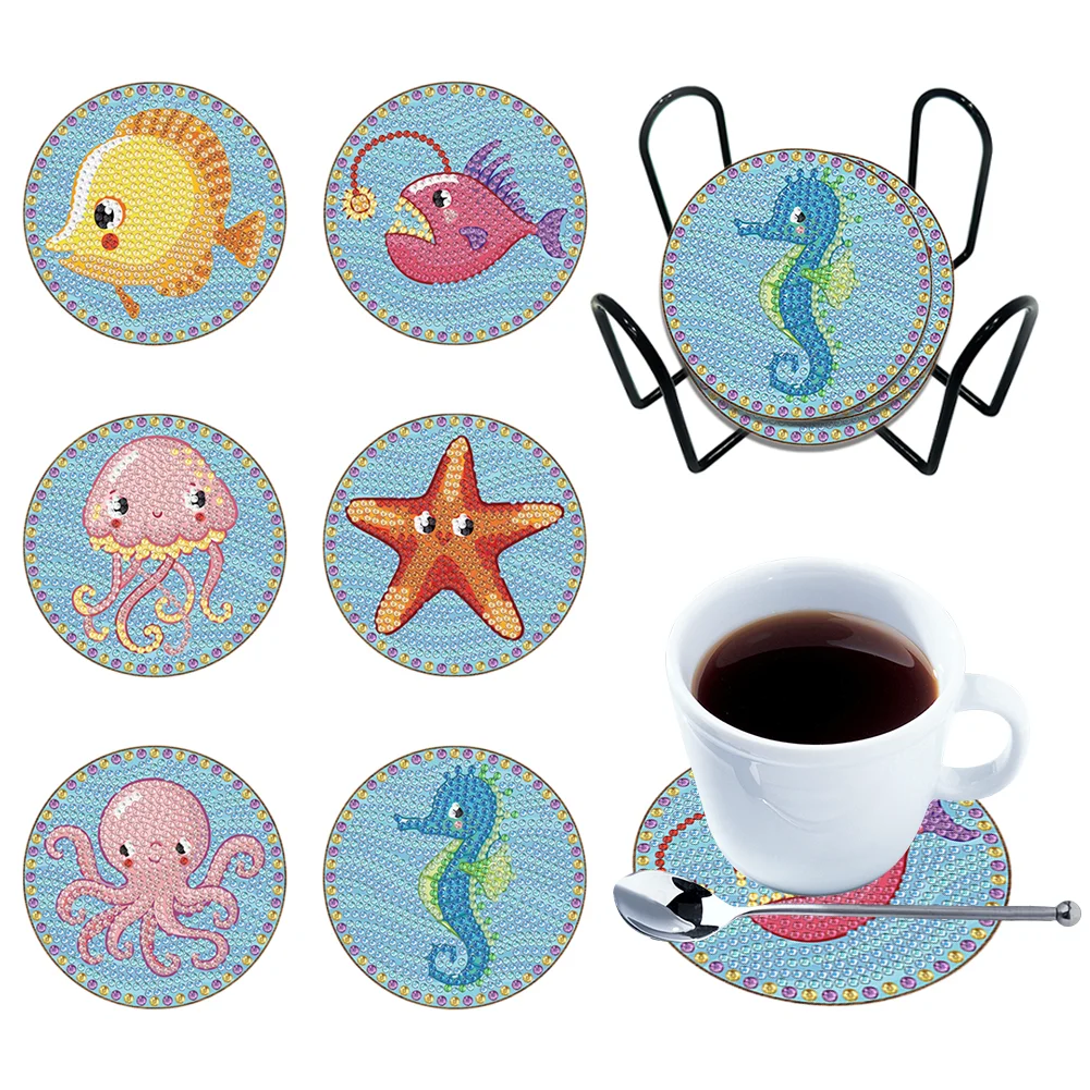 6pcs Animals Diamonds Painting Coaster Woodiness with Rack Cup Pad Home Decor